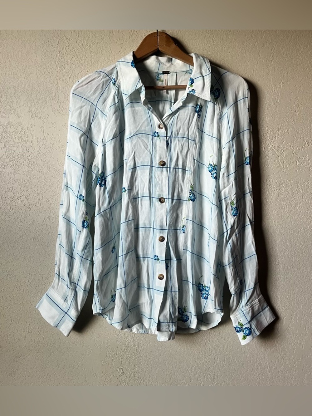 Free People White Window Pane Floral Button Front Top